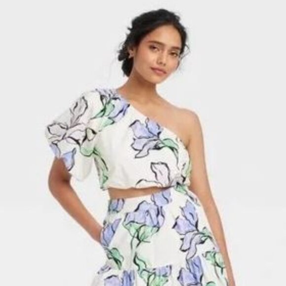 a new day Tops - 🟣 NWT A New Day Puff Floral One Shoulder Blouse Crop Top